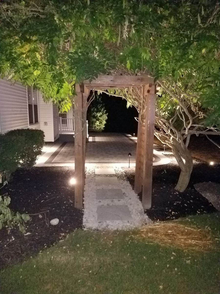 Stepping-stone walkway lit through a wisteria-covered pergola at night